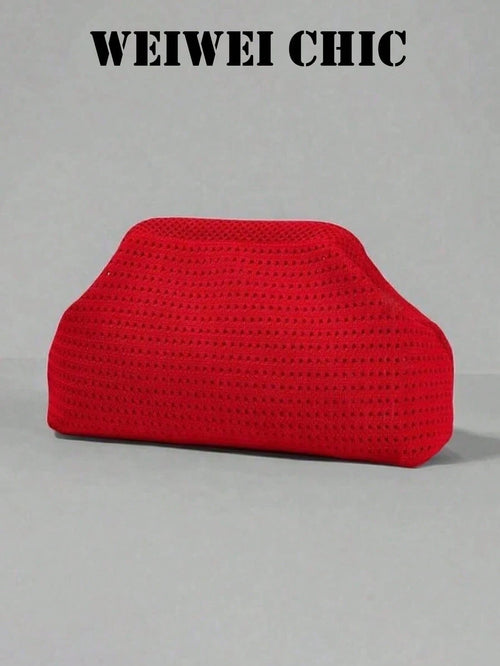 Bright Red Hollow Knit Clutch Bag, Textured Openwork Fabric Shell Handbag, Minimalist Soft Evening Purse For Party Date And Vacation Styling