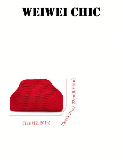 Bright Red Hollow Knit Clutch Bag, Textured Openwork Fabric Shell Handbag, Minimalist Soft Evening Purse For Party Date And Vacation Styling
