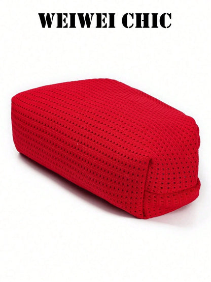 Bright Red Hollow Knit Clutch Bag, Textured Openwork Fabric Shell Handbag, Minimalist Soft Evening Purse For Party Date And Vacation Styling