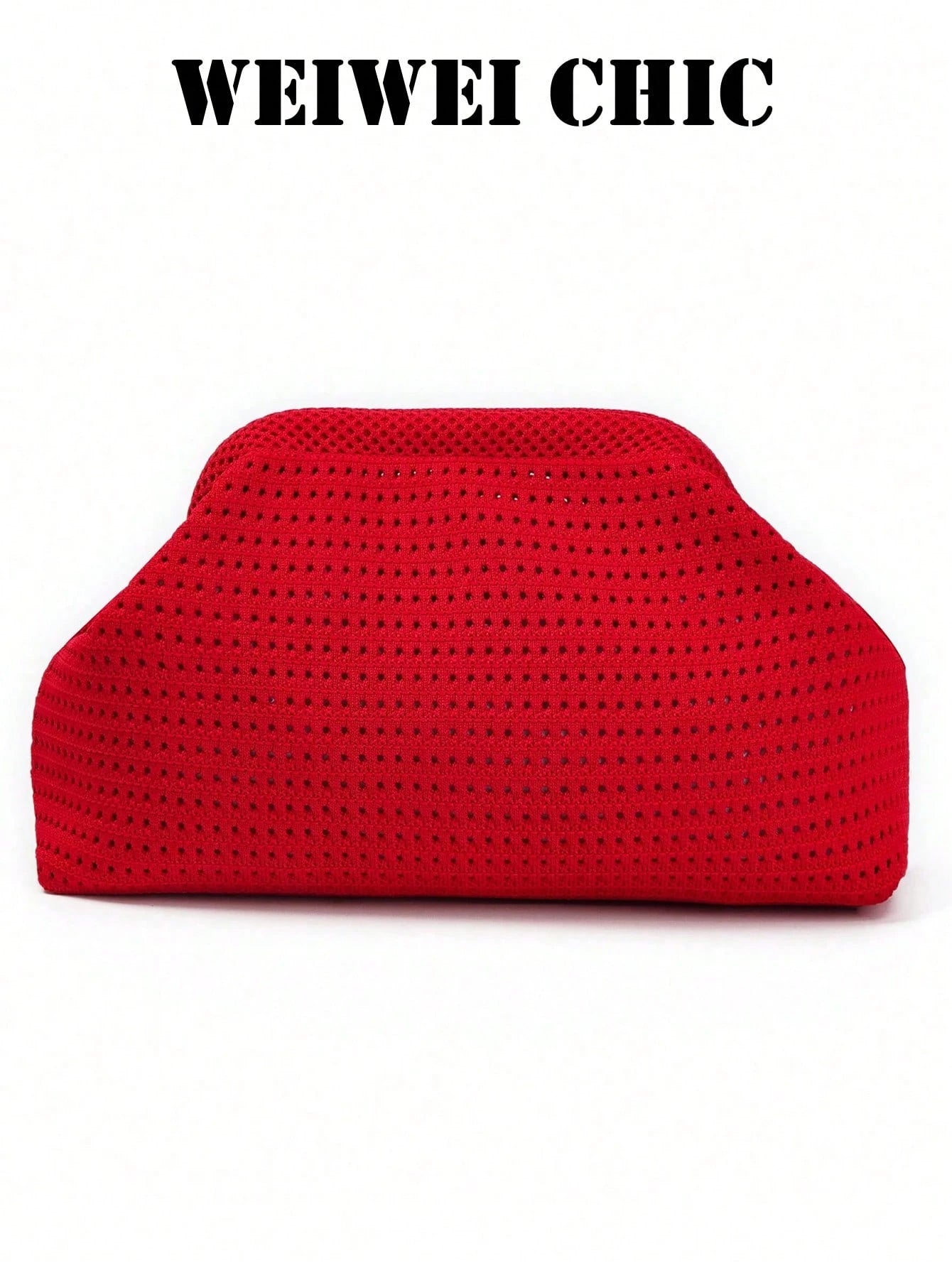 Bright Red Hollow Knit Clutch Bag, Textured Openwork Fabric Shell Handbag, Minimalist Soft Evening Purse For Party Date And Vacation Styling