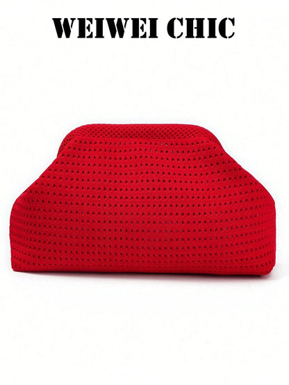 Bright Red Hollow Knit Clutch Bag, Textured Openwork Fabric Shell Handbag, Minimalist Soft Evening Purse For Party Date And Vacation Styling