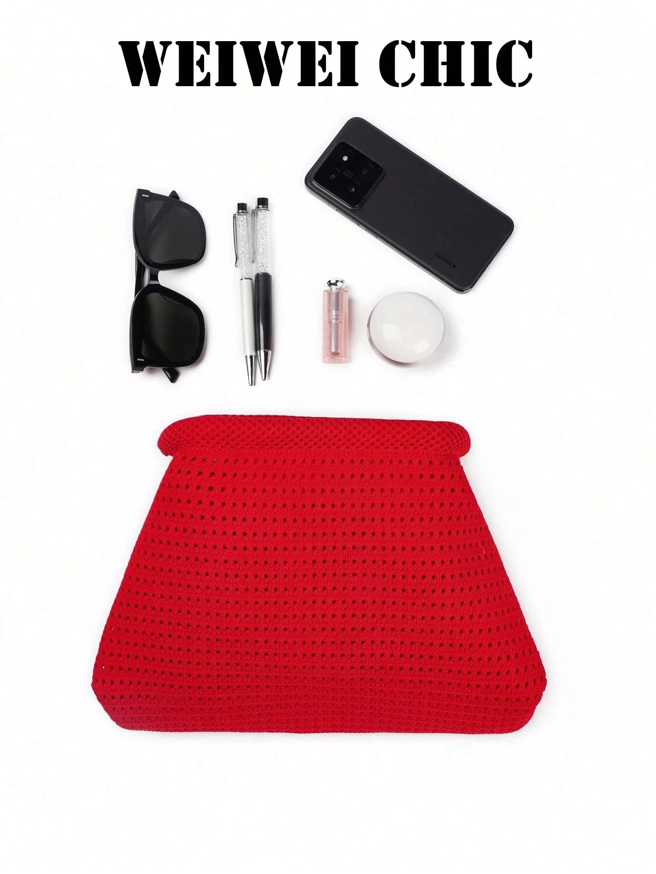 Bright Red Hollow Knit Clutch Bag, Textured Openwork Fabric Shell Handbag, Minimalist Soft Evening Purse For Party Date And Vacation Styling