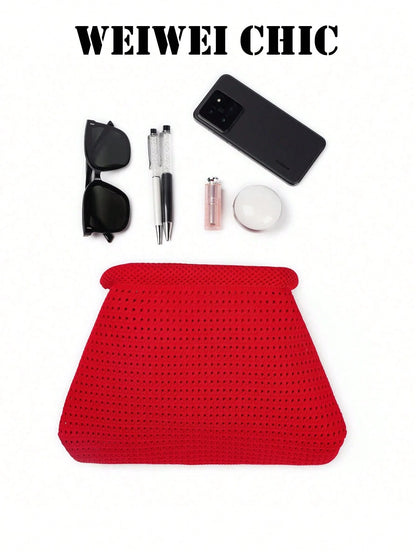 Bright Red Hollow Knit Clutch Bag, Textured Openwork Fabric Shell Handbag, Minimalist Soft Evening Purse For Party Date And Vacation Styling