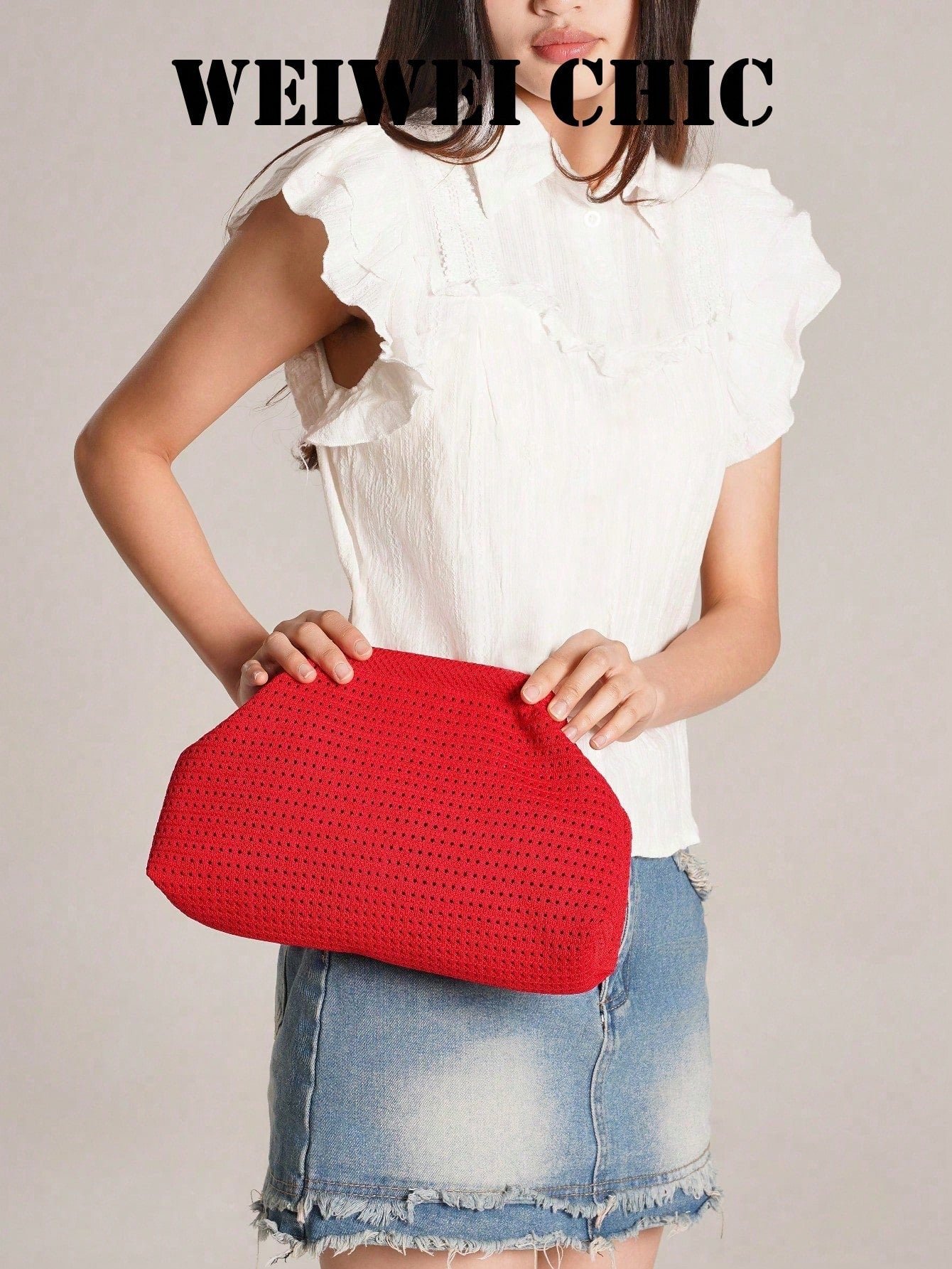 Bright Red Hollow Knit Clutch Bag, Textured Openwork Fabric Shell Handbag, Minimalist Soft Evening Purse For Party Date And Vacation Styling