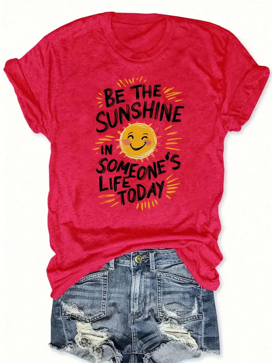 Bright Red Oversized Tee, Be The Sunshine Inspirational Sun Print Soft Cotton Retro Positive Casual Summer T-Shirt