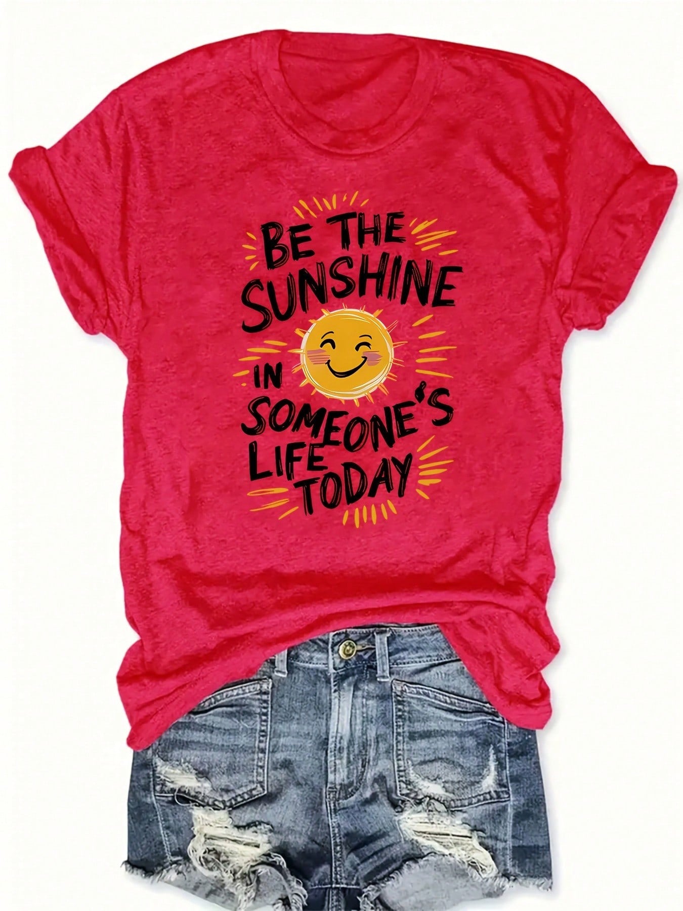 Bright Red Oversized Tee, Be The Sunshine Inspirational Sun Print Soft Cotton Retro Positive Casual Summer T-Shirt