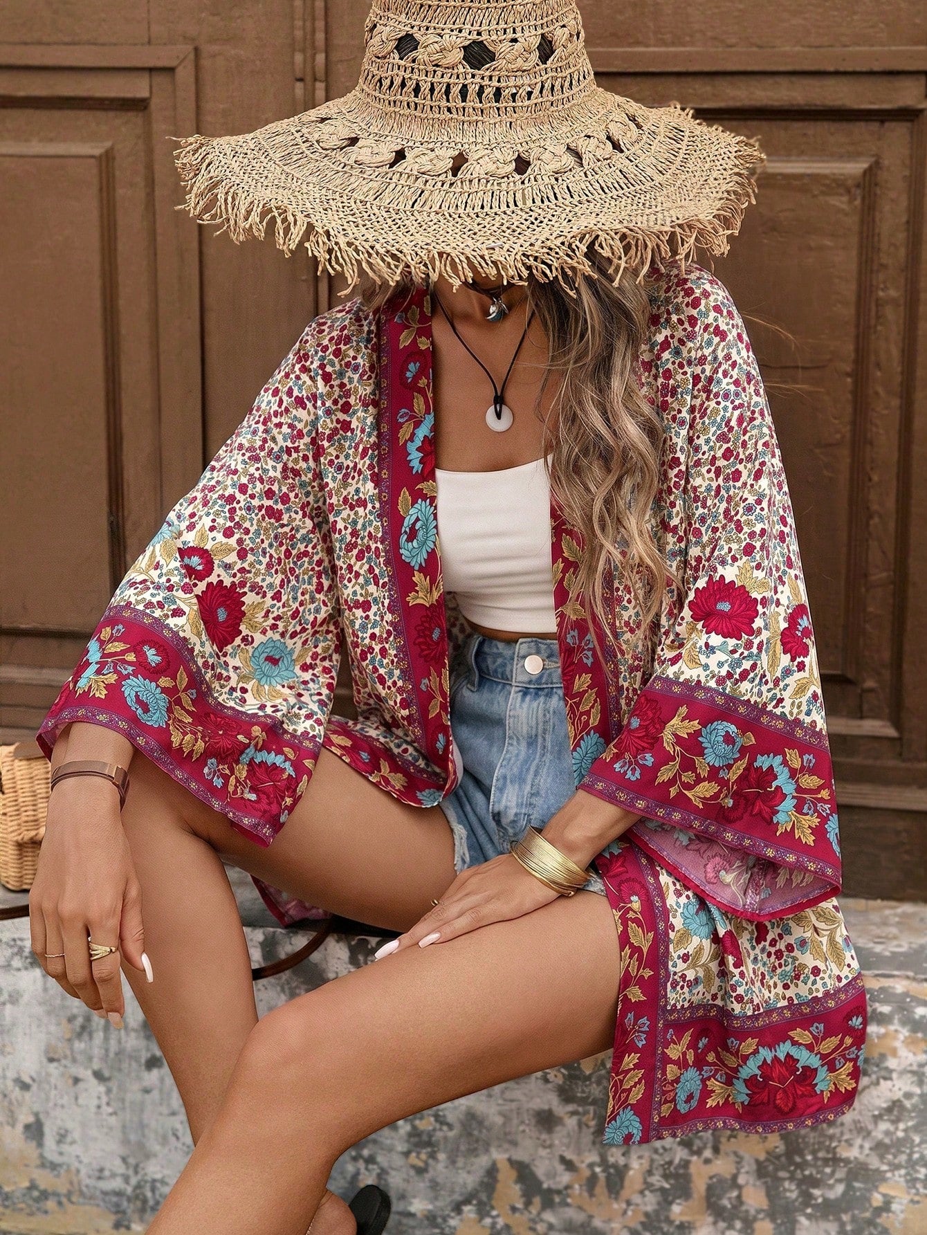 Brillora Women's Floral Print Casual Tropical Versatile Daily Wear Open Front Kimono Shirt Beach Vacation White Floral Summer