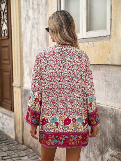 Brillora Women's Floral Print Casual Tropical Versatile Daily Wear Open Front Kimono Shirt Beach Vacation White Floral Summer
