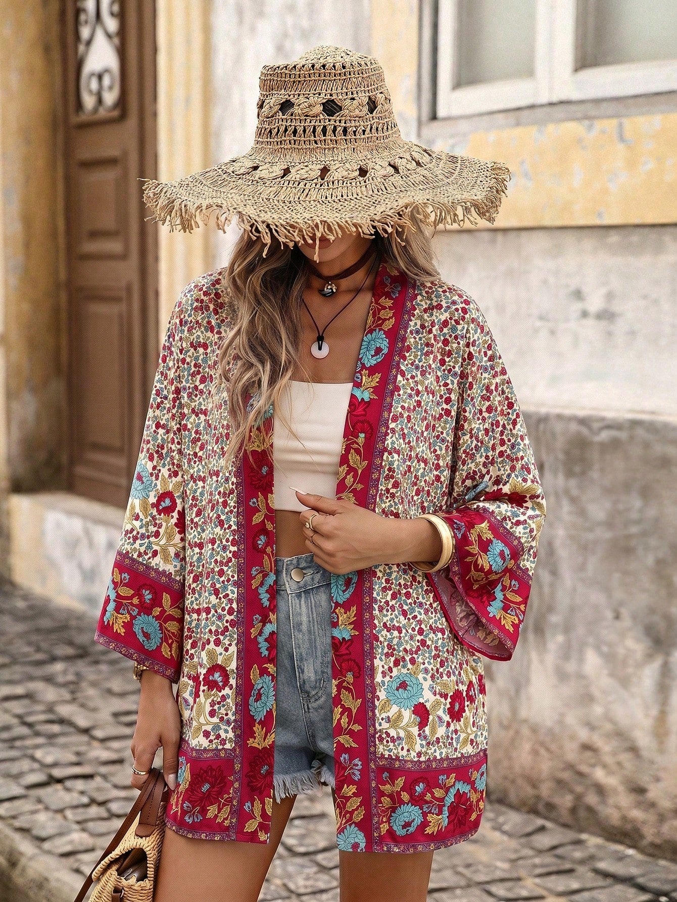 Brillora Women's Floral Print Casual Tropical Versatile Daily Wear Open Front Kimono Shirt Beach Vacation White Floral Summer