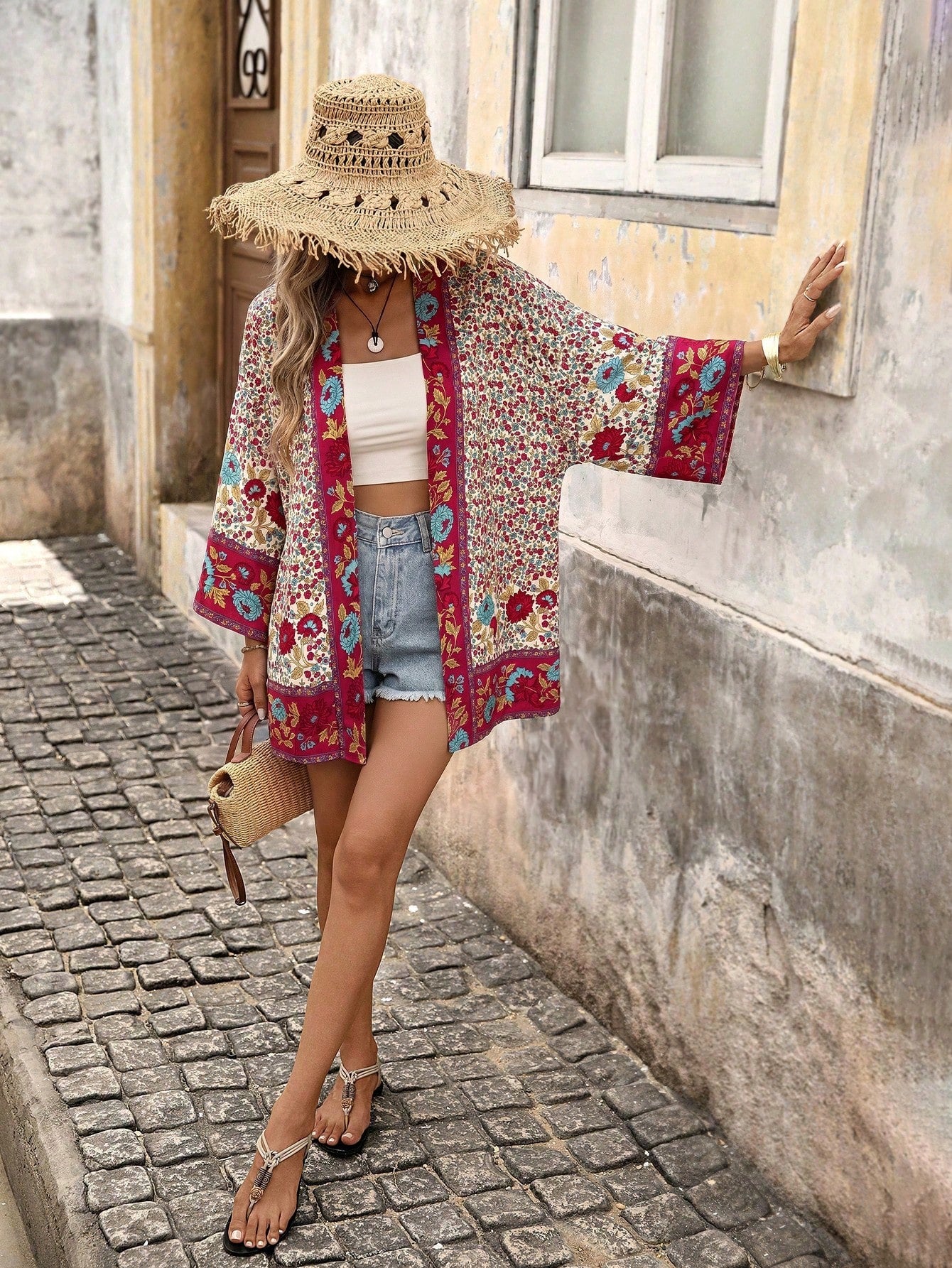 Brillora Women's Floral Print Casual Tropical Versatile Daily Wear Open Front Kimono Shirt Beach Vacation White Floral Summer