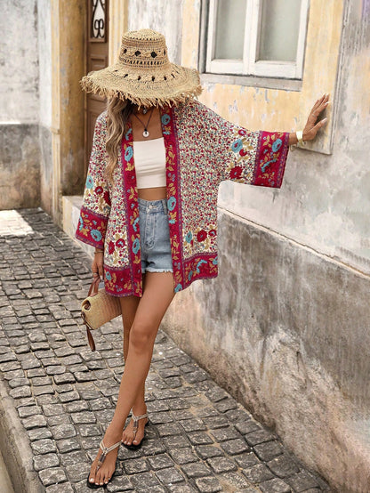 Brillora Women's Floral Print Casual Tropical Versatile Daily Wear Open Front Kimono Shirt Beach Vacation White Floral Summer