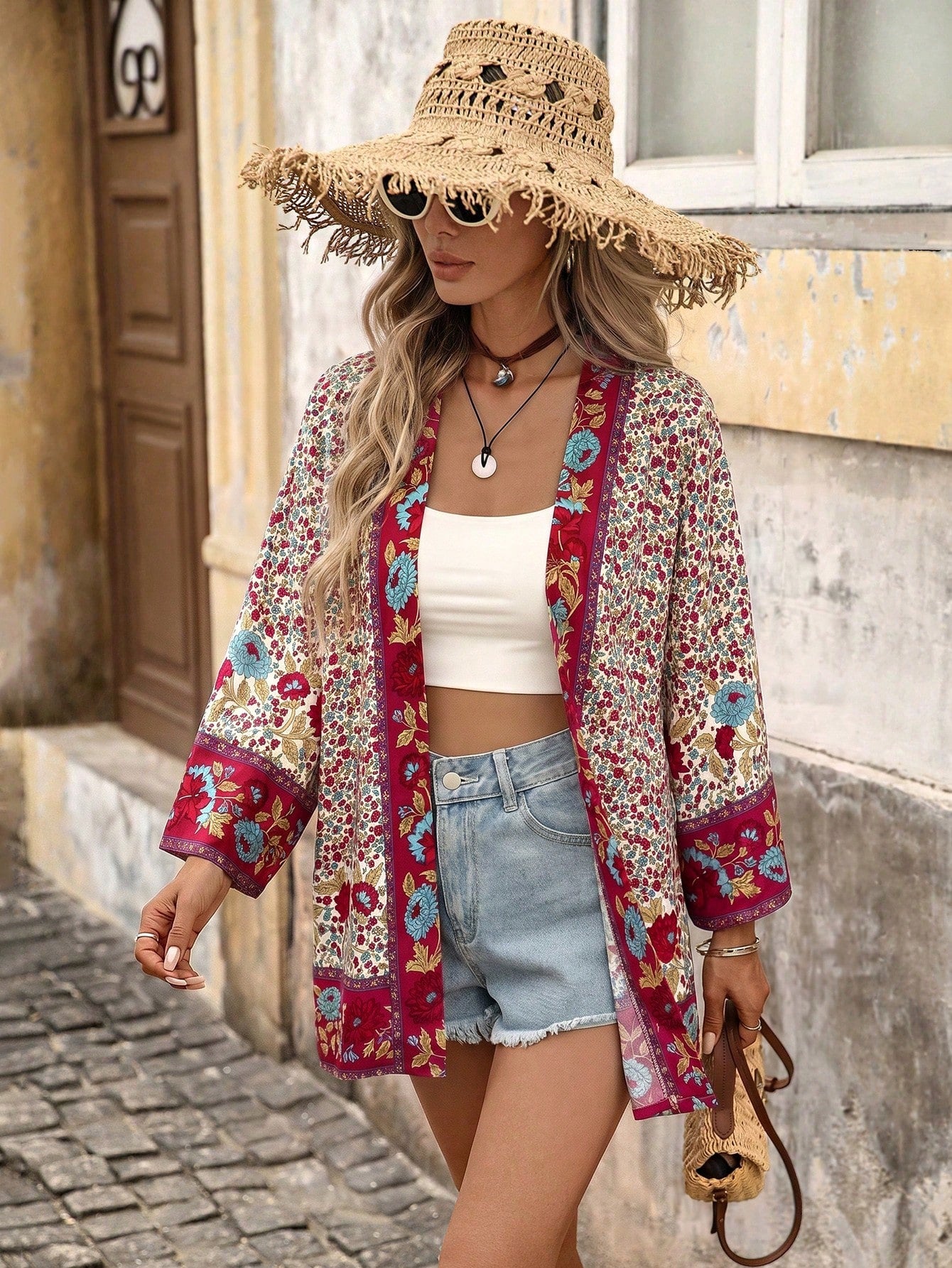 Brillora Women's Floral Print Casual Tropical Versatile Daily Wear Open Front Kimono Shirt Beach Vacation White Floral Summer