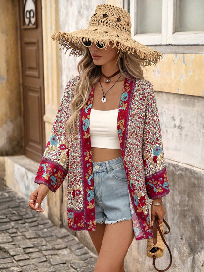 Brillora Women's Floral Print Casual Tropical Versatile Daily Wear Open Front Kimono Shirt Beach Vacation White Floral Summer