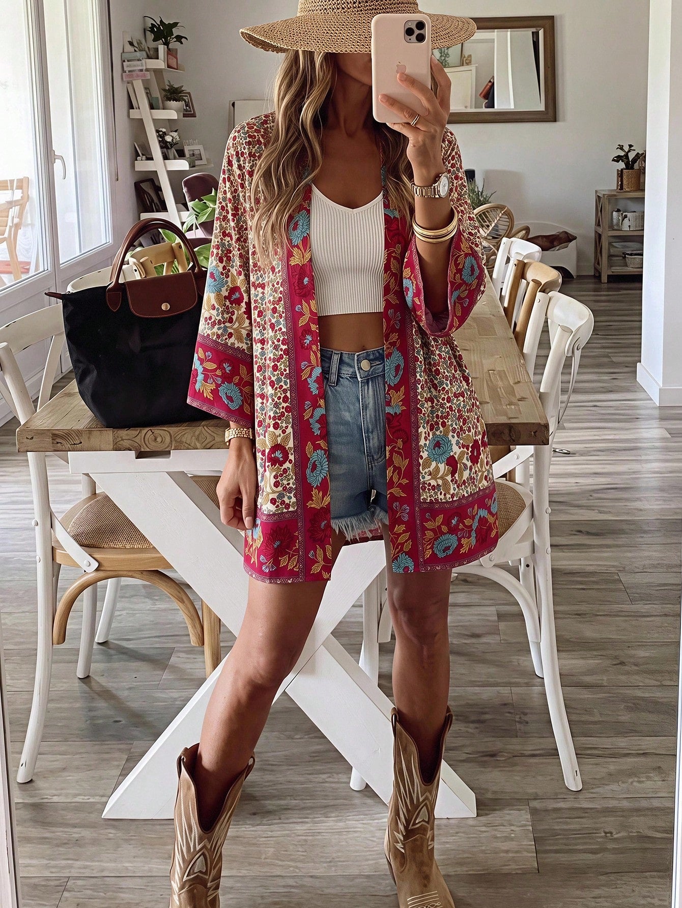 Brillora Women's Floral Print Casual Tropical Versatile Daily Wear Open Front Kimono Shirt Beach Vacation White Floral Summer