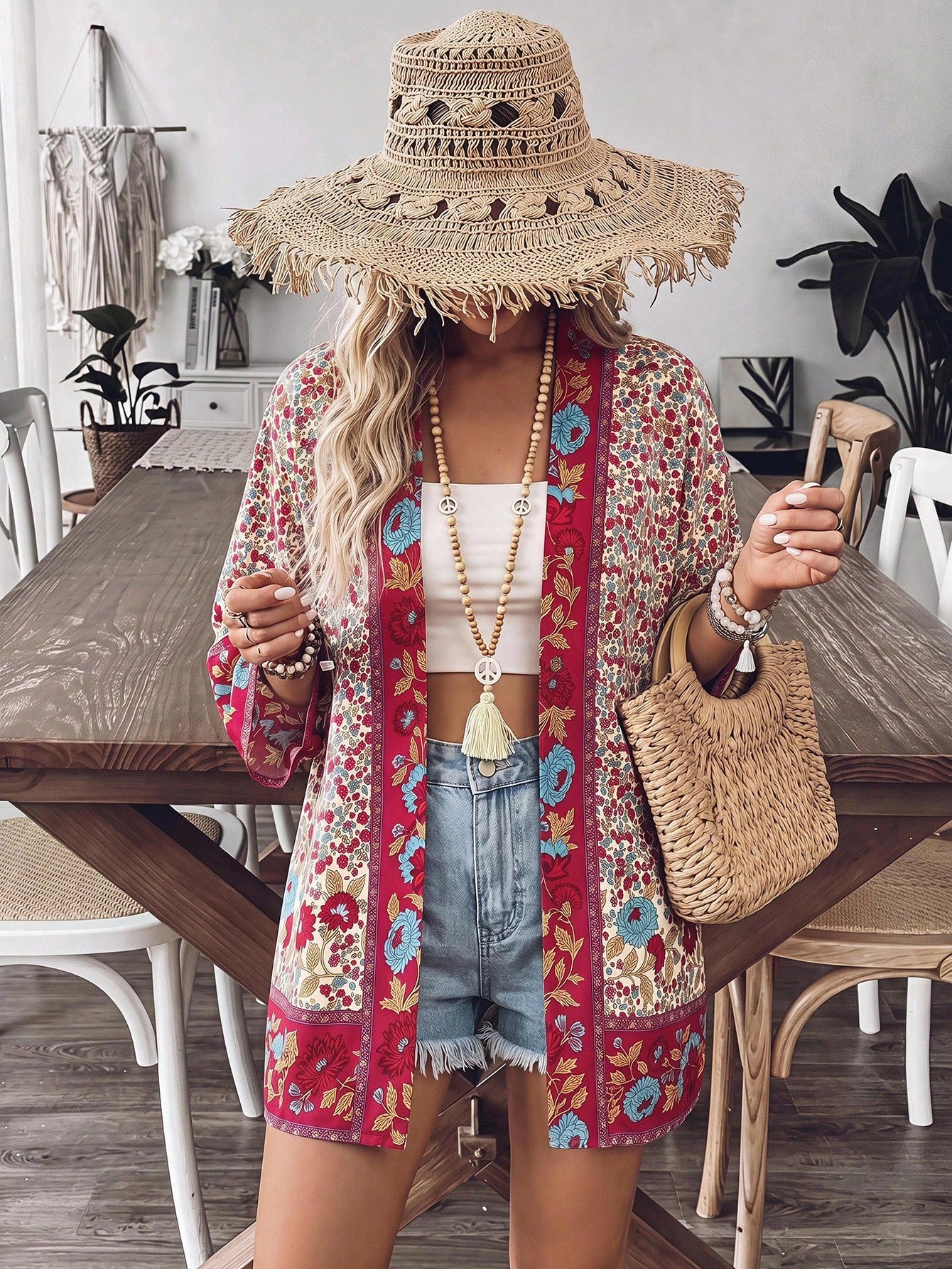 Brillora Women's Floral Print Casual Tropical Versatile Daily Wear Open Front Kimono Shirt Beach Vacation White Floral Summer