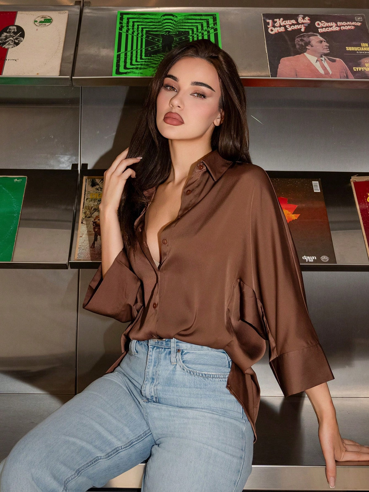 Bris Aura Elegant Casual Deep Color Collared Button-Up Loose Ribbed Satin Side Slit Women Long Sleeve Shirt