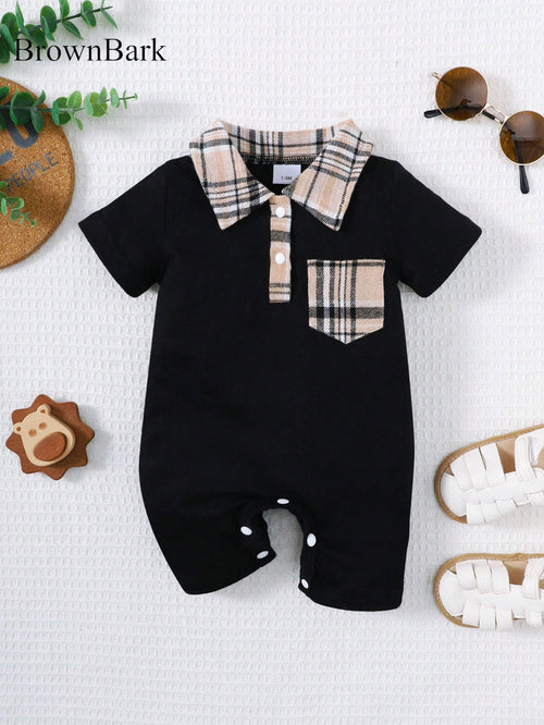 BrownBark Newborn Baby Boy Summer Cute Casual Short Sleeve Jumpsuit, Soft & Comfortable Baby Boy Infant Clothing, Plaid Texture Polo Style Short Sleeve Jumpsuit Suitable For Indoor Daily Casual Outing