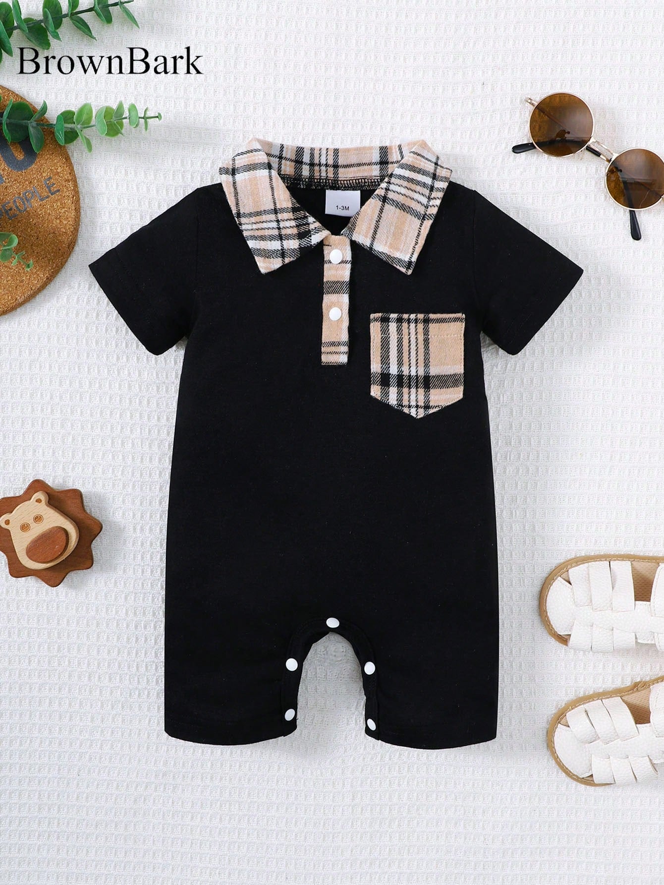 BrownBark Newborn Baby Boy Summer Cute Casual Short Sleeve Jumpsuit, Soft & Comfortable Baby Boy Infant Clothing, Plaid Texture Polo Style Short Sleeve Jumpsuit Suitable For Indoor Daily Casual Outing