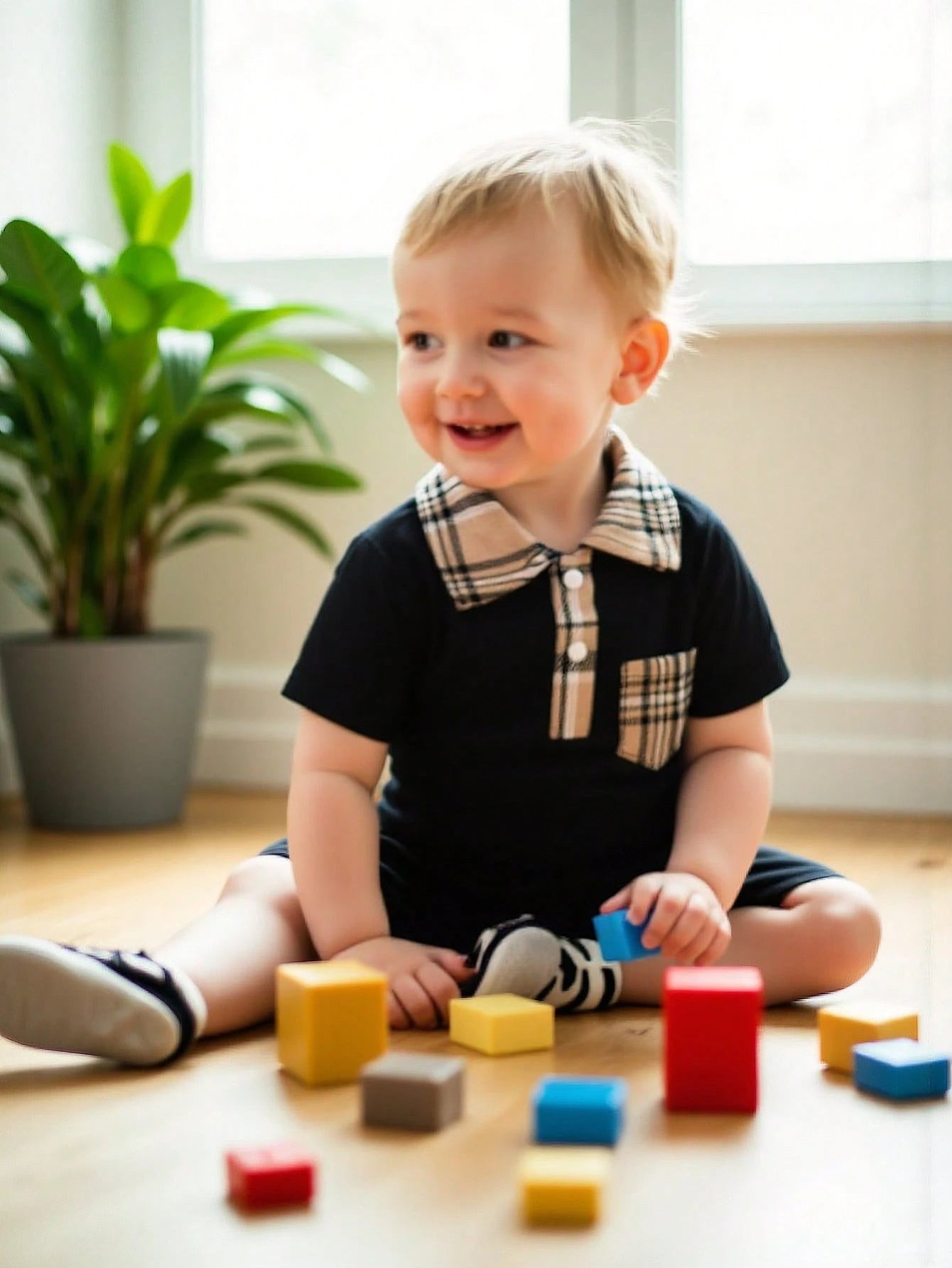 BrownBark Newborn Baby Boy Summer Cute Casual Short Sleeve Jumpsuit, Soft & Comfortable Baby Boy Infant Clothing, Plaid Texture Polo Style Short Sleeve Jumpsuit Suitable For Indoor Daily Casual Outing