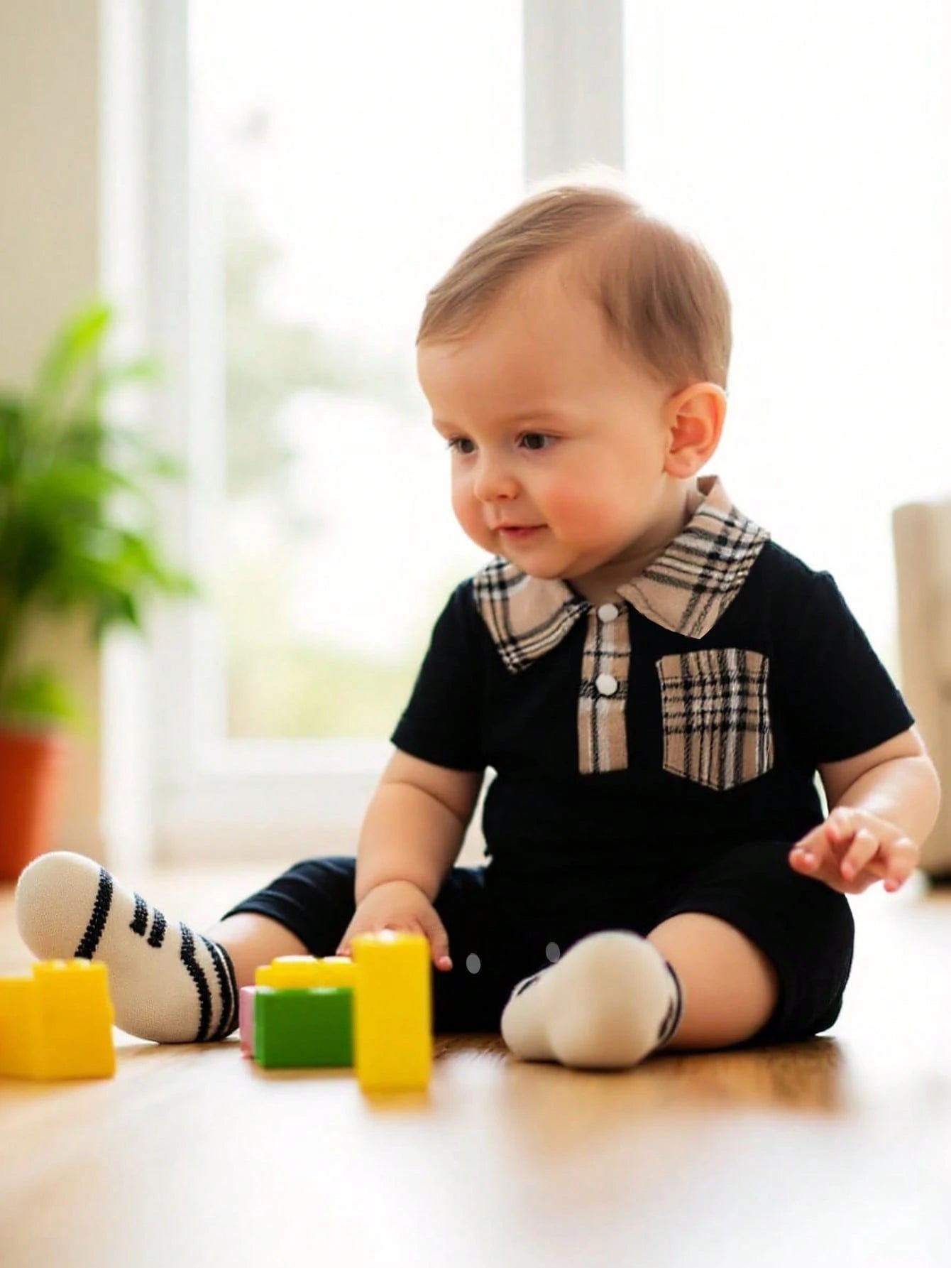 BrownBark Newborn Baby Boy Summer Cute Casual Short Sleeve Jumpsuit, Soft & Comfortable Baby Boy Infant Clothing, Plaid Texture Polo Style Short Sleeve Jumpsuit Suitable For Indoor Daily Casual Outing
