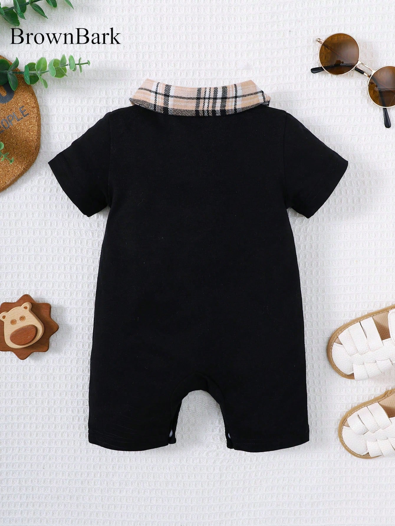 BrownBark Newborn Baby Boy Summer Cute Casual Short Sleeve Jumpsuit, Soft & Comfortable Baby Boy Infant Clothing, Plaid Texture Polo Style Short Sleeve Jumpsuit Suitable For Indoor Daily Casual Outing