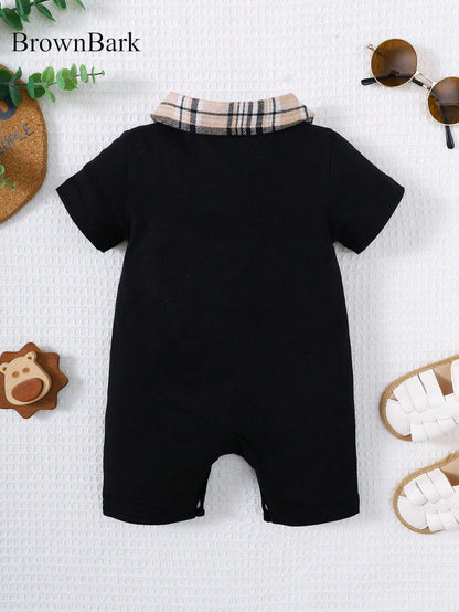 BrownBark Newborn Baby Boy Summer Cute Casual Short Sleeve Jumpsuit, Soft & Comfortable Baby Boy Infant Clothing, Plaid Texture Polo Style Short Sleeve Jumpsuit Suitable For Indoor Daily Casual Outing