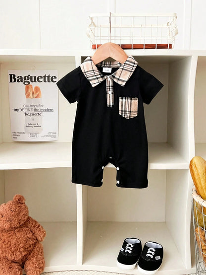 BrownBark Newborn Baby Boy Summer Cute Casual Short Sleeve Jumpsuit, Soft & Comfortable Baby Boy Infant Clothing, Plaid Texture Polo Style Short Sleeve Jumpsuit Suitable For Indoor Daily Casual Outing