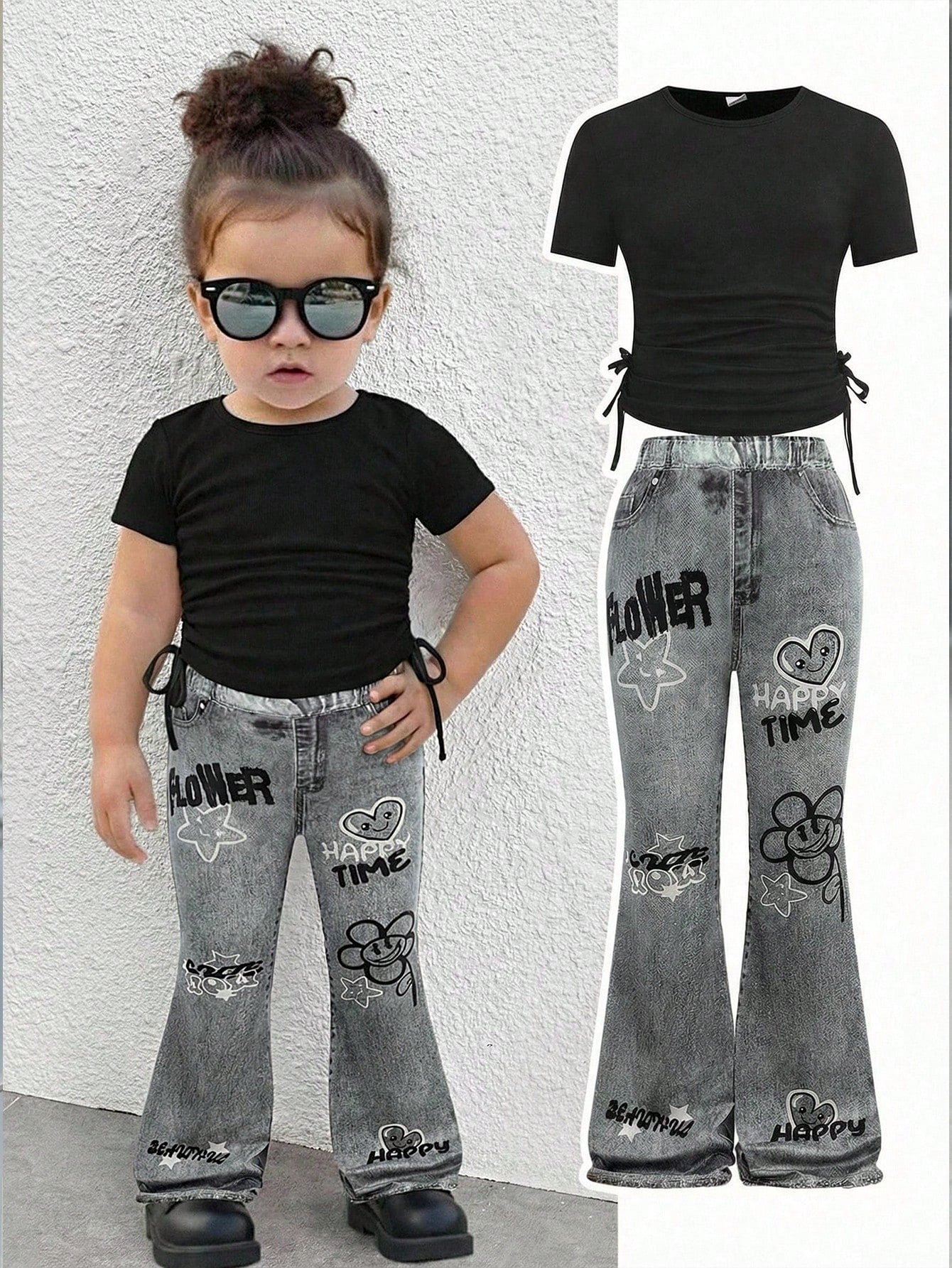 Bubblio 2pcs Baby Girl Solid Color Knit Crew Neck T-Shirt And Fitted Denim Effect Casual Pants Set Toddler Flare Bell Bottoms Outfit
