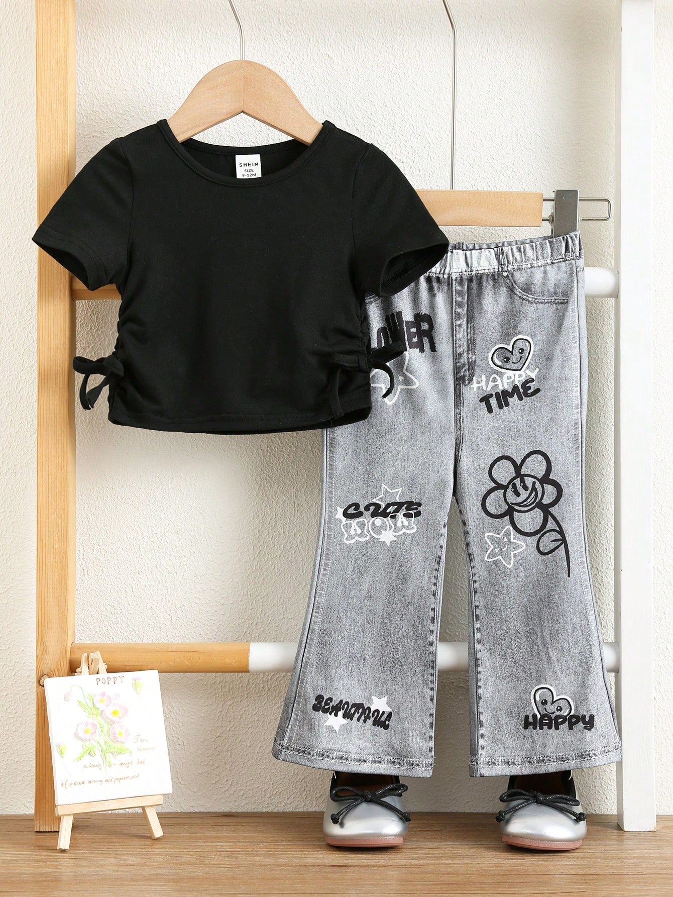 Bubblio 2pcs Baby Girl Solid Color Knit Crew Neck T-Shirt And Fitted Denim Effect Casual Pants Set Toddler Flare Bell Bottoms Outfit