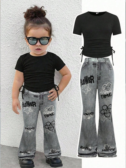 Bubblio 2pcs Baby Girl Solid Color Knit Crew Neck T-Shirt And Fitted Denim Effect Casual Pants Set Toddler Flare Bell Bottoms Outfit