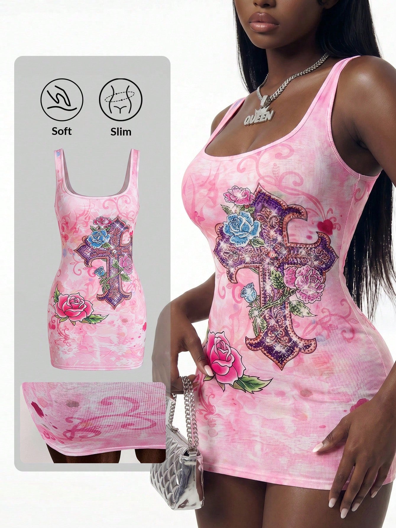 Bumpella Women's Slim Fit Cross Print Crew Neck Sleeveless Mini Dress For Summer,Boho Sexy Clothes Women Night Club Pink