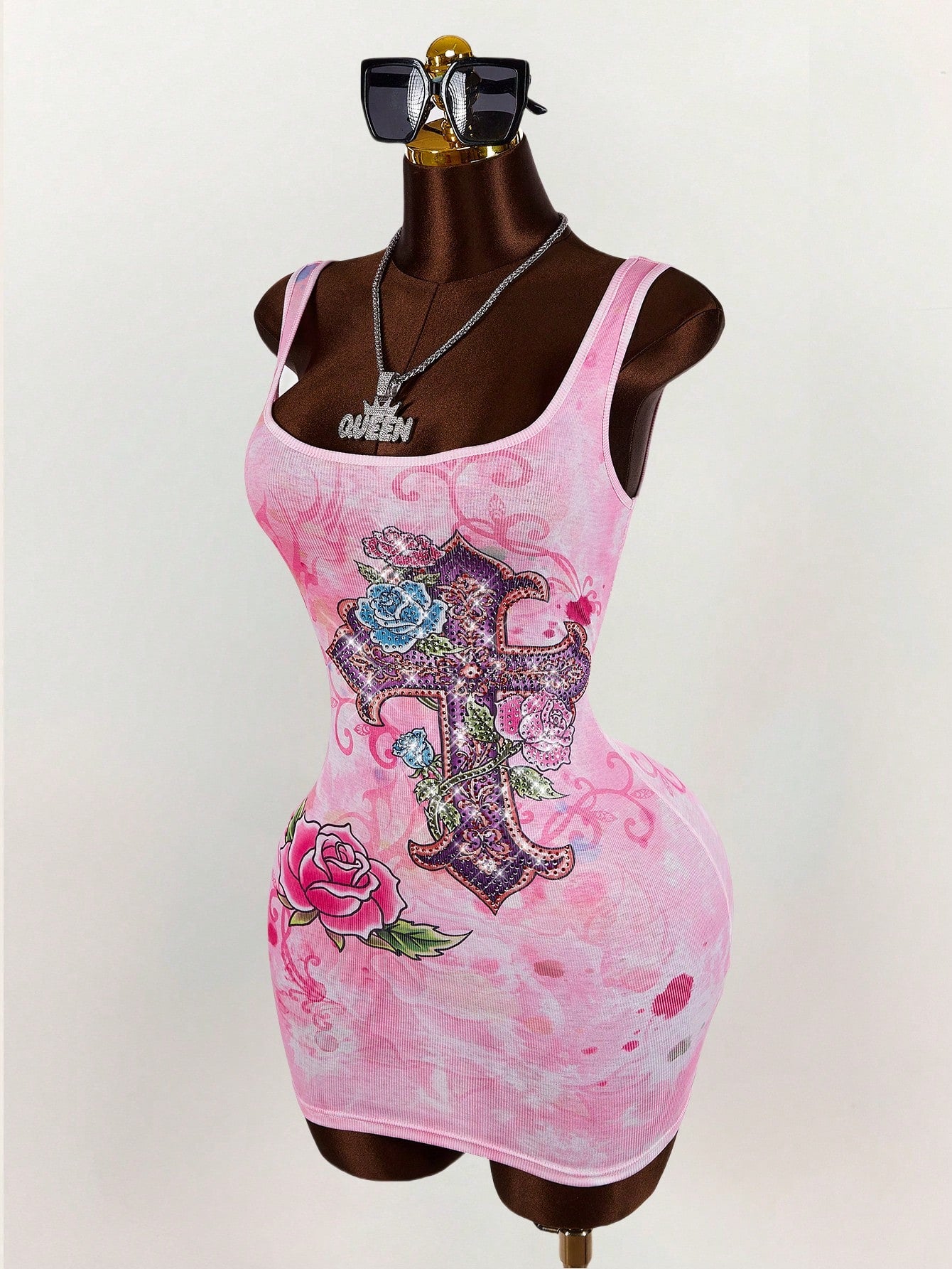 Bumpella Women's Slim Fit Cross Print Crew Neck Sleeveless Mini Dress For Summer,Boho Sexy Clothes Women Night Club Pink