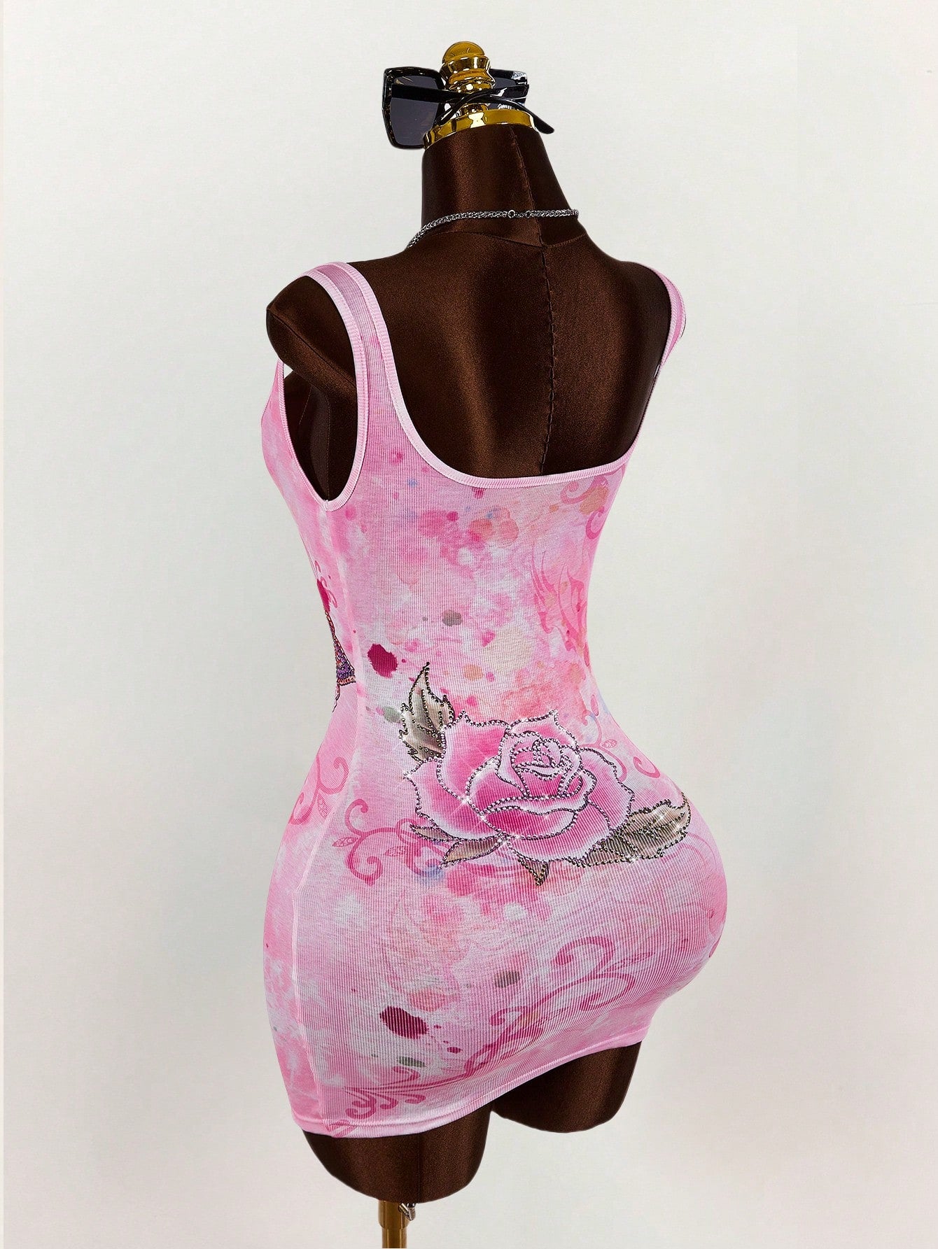 Bumpella Women's Slim Fit Cross Print Crew Neck Sleeveless Mini Dress For Summer,Boho Sexy Clothes Women Night Club Pink