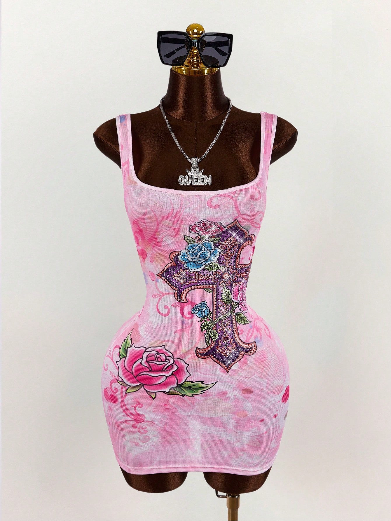 Bumpella Women's Slim Fit Cross Print Crew Neck Sleeveless Mini Dress For Summer,Boho Sexy Clothes Women Night Club Pink