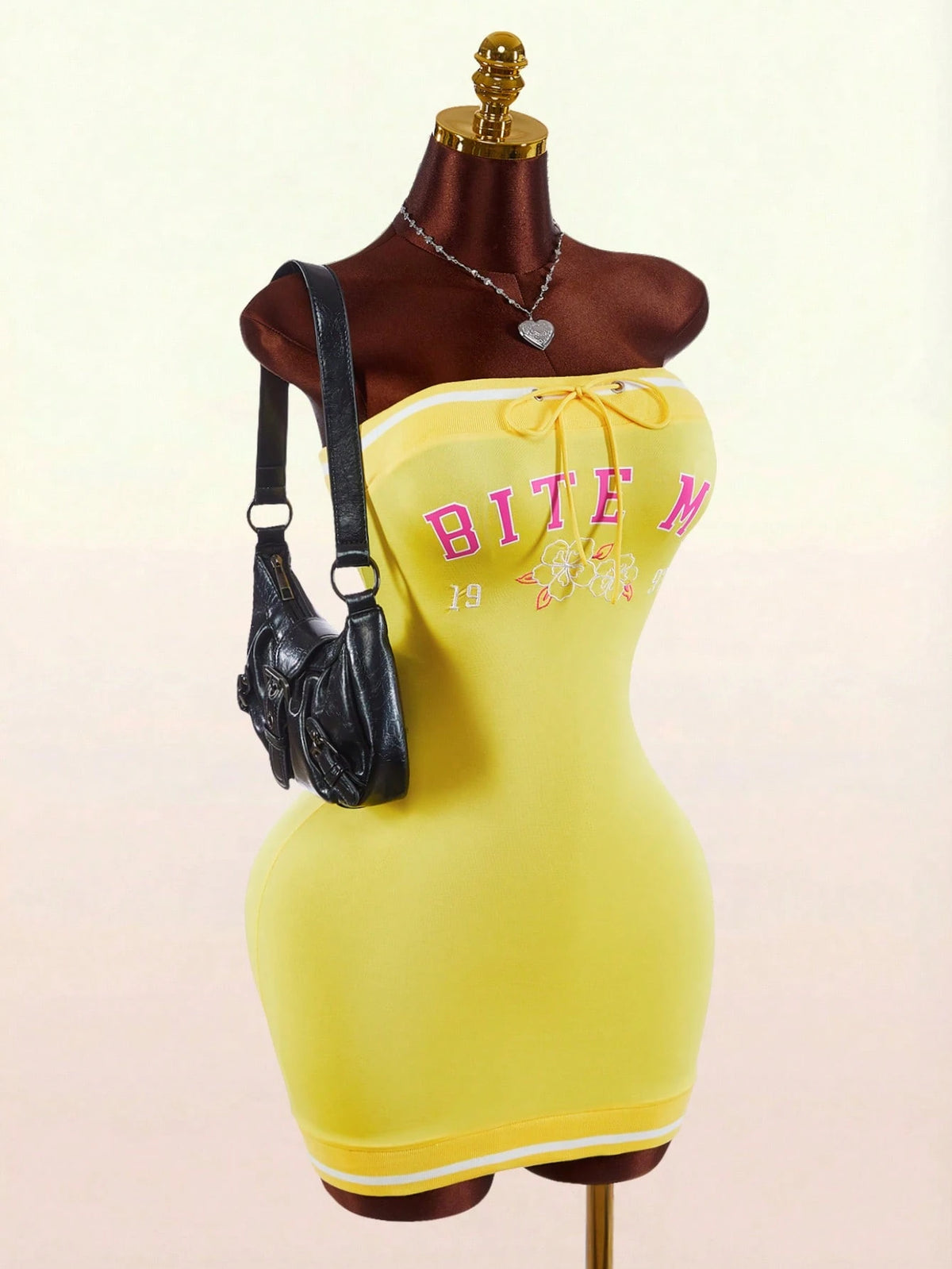 Bumpella Women's Slogan Print Yellow Bandeau Bodycon Mini Dress