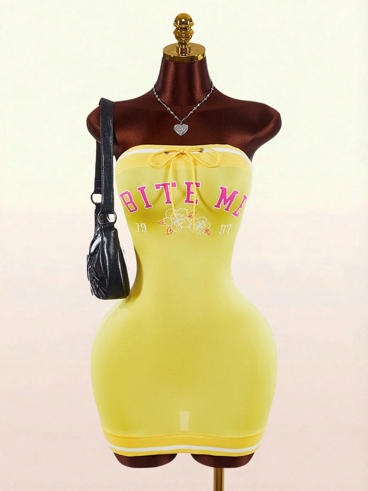 Bumpella Women's Slogan Print Yellow Bandeau Bodycon Mini Dress