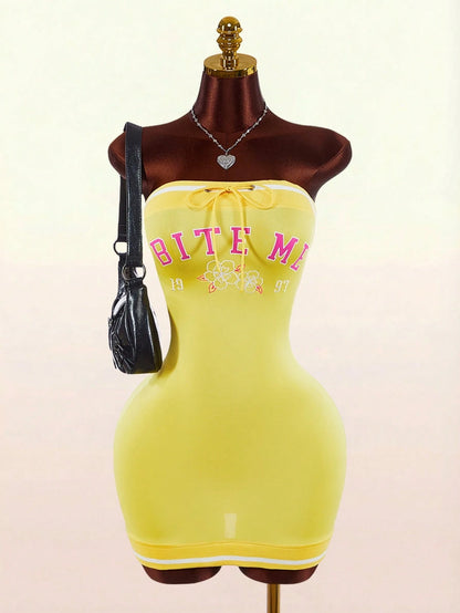 Bumpella Women's Slogan Print Yellow Bandeau Bodycon Mini Dress