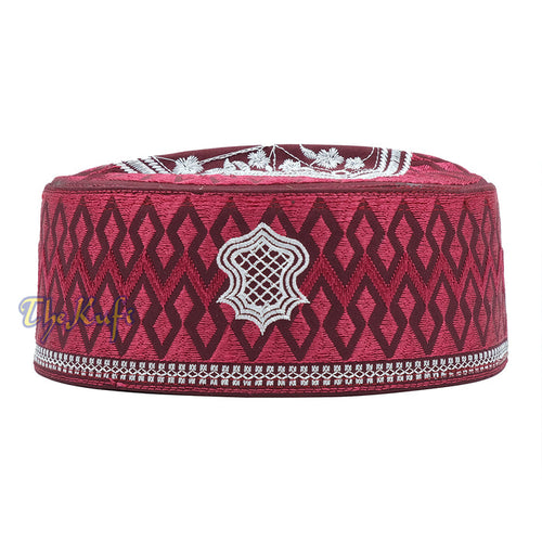 Burgundy & White Assagofah Embroidered Sandal Diamond Design Creased-Top Oval Nalain Rigid Kufi Hat