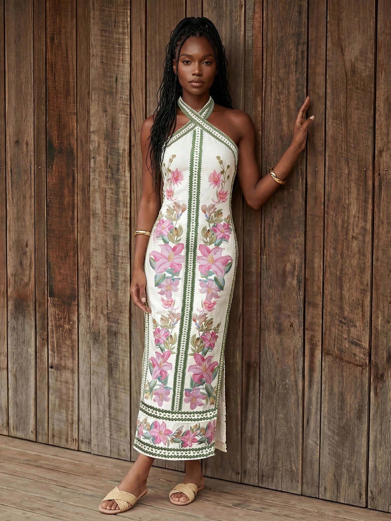 CAJUNI Women's Boho Style Vacation Casual Floral & Bird Pattern Crossover Neck Dress,Boho Clothes Women