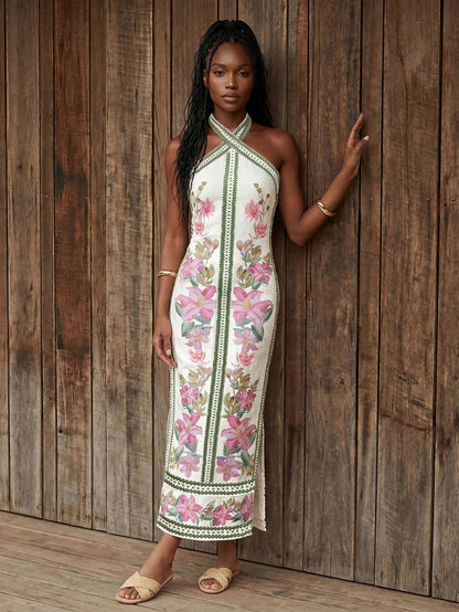 CAJUNI Women's Boho Style Vacation Casual Floral & Bird Pattern Crossover Neck Dress,Boho Clothes Women