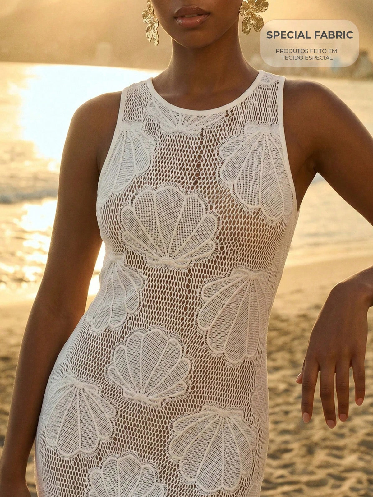 CAJUNI Women's Shell Pattern Hollow Out Casual Vacation Cover-Up Dress