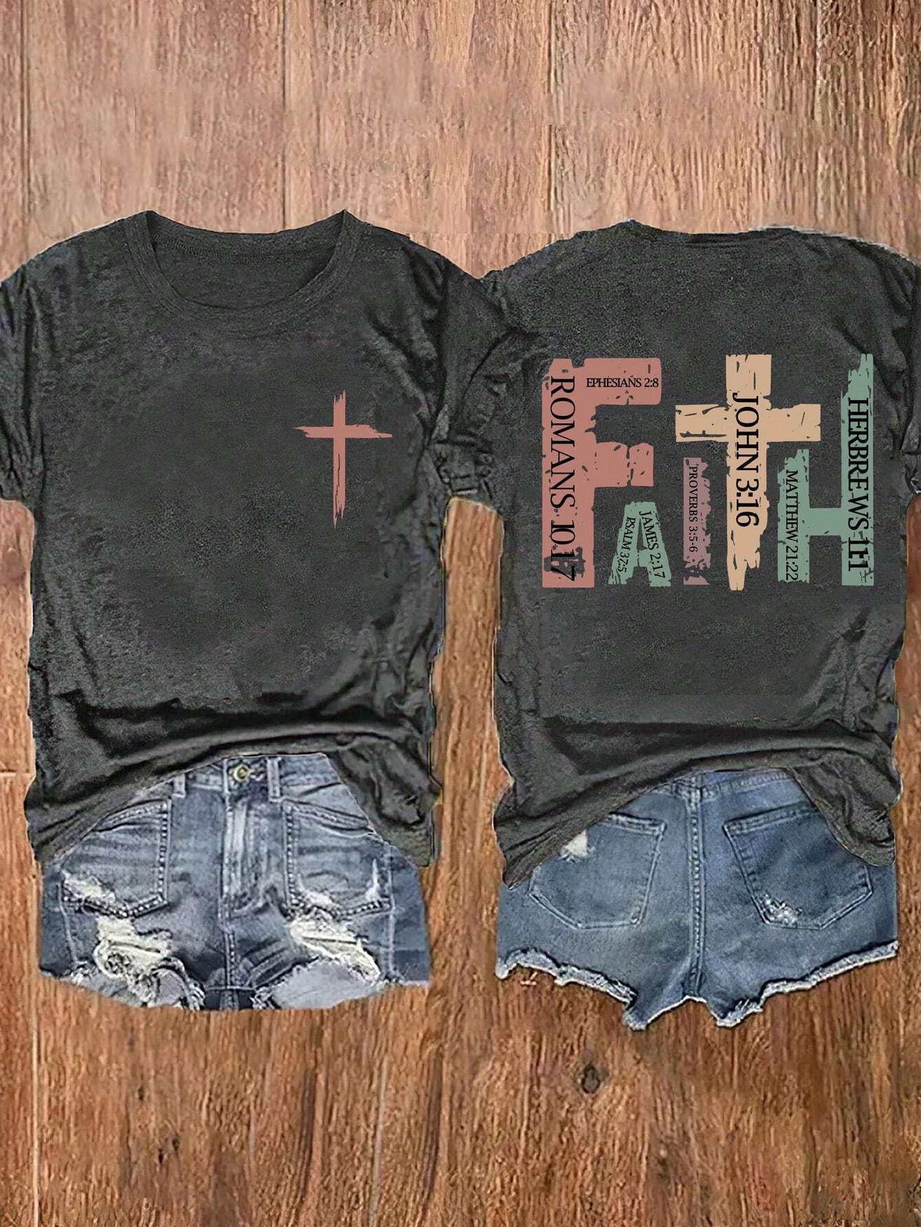Calvaya Plus Size "Faith" Print Crew Neck Short Sleeve T-Shirt, Summer Graphic Tees Women Tops