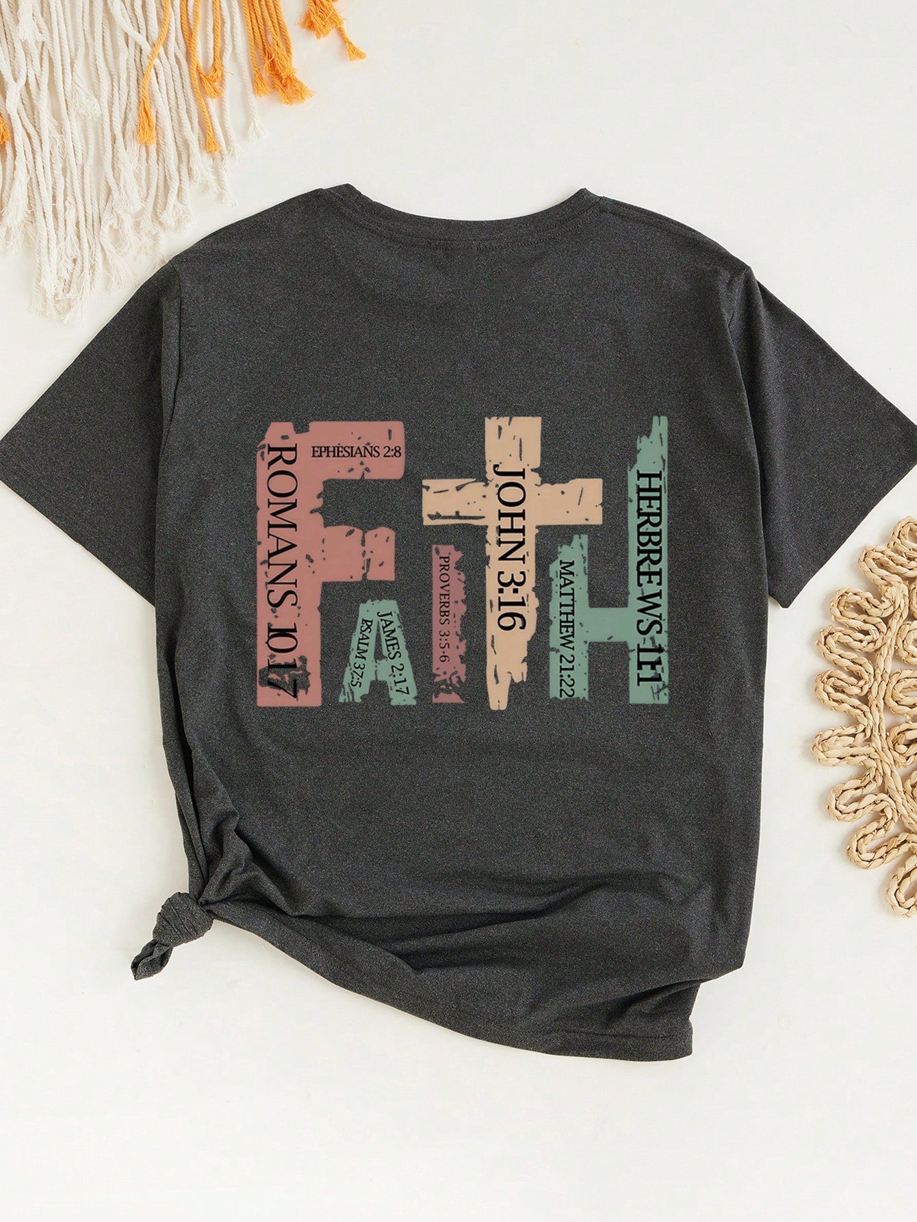 Calvaya Plus Size "Faith" Print Crew Neck Short Sleeve T-Shirt, Summer Graphic Tees Women Tops