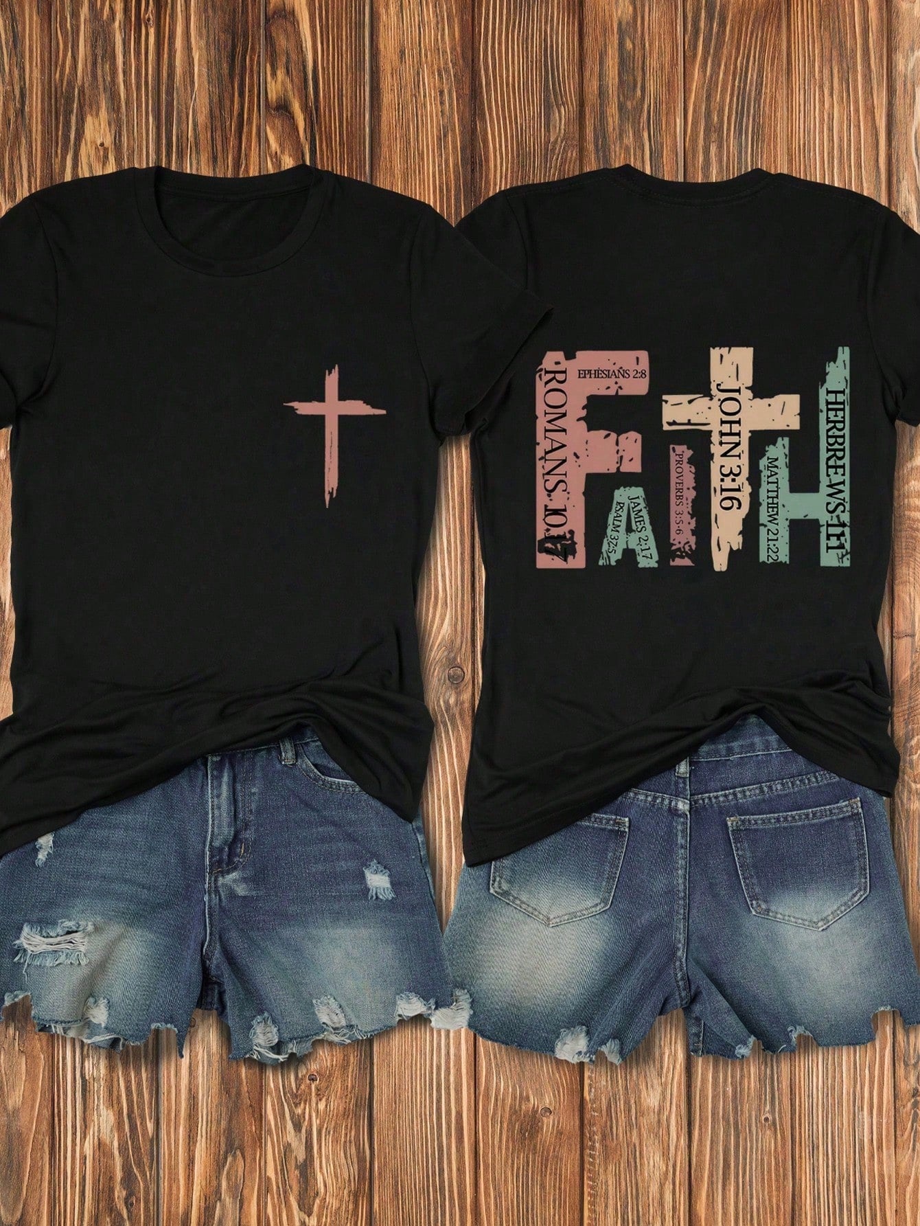 Calvaya Plus Size "Faith" Print Crew Neck Short Sleeve T-Shirt, Summer Graphic Tees Women Tops