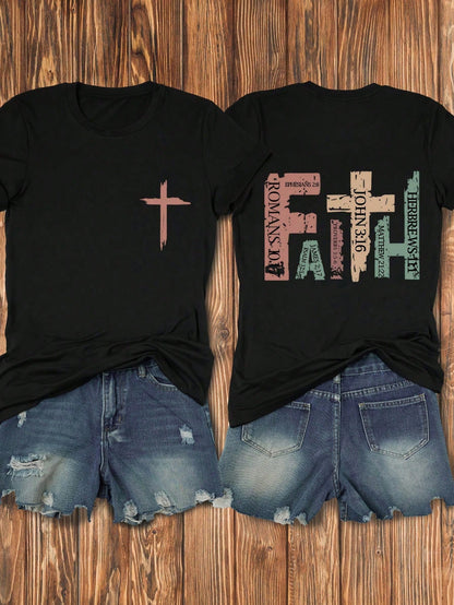 Calvaya Plus Size "Faith" Print Crew Neck Short Sleeve T-Shirt, Summer Graphic Tees Women Tops