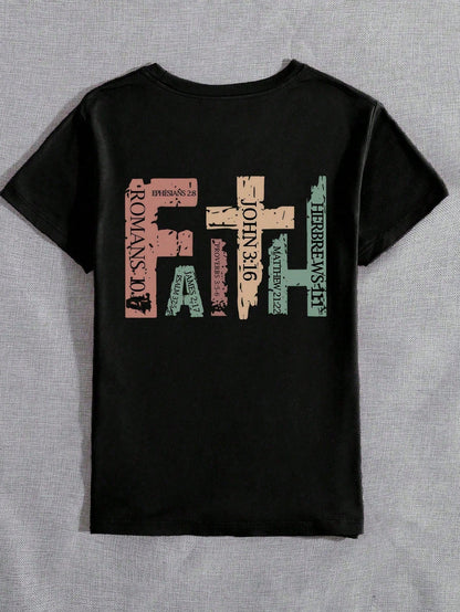 Calvaya Plus Size "Faith" Print Crew Neck Short Sleeve T-Shirt, Summer Graphic Tees Women Tops
