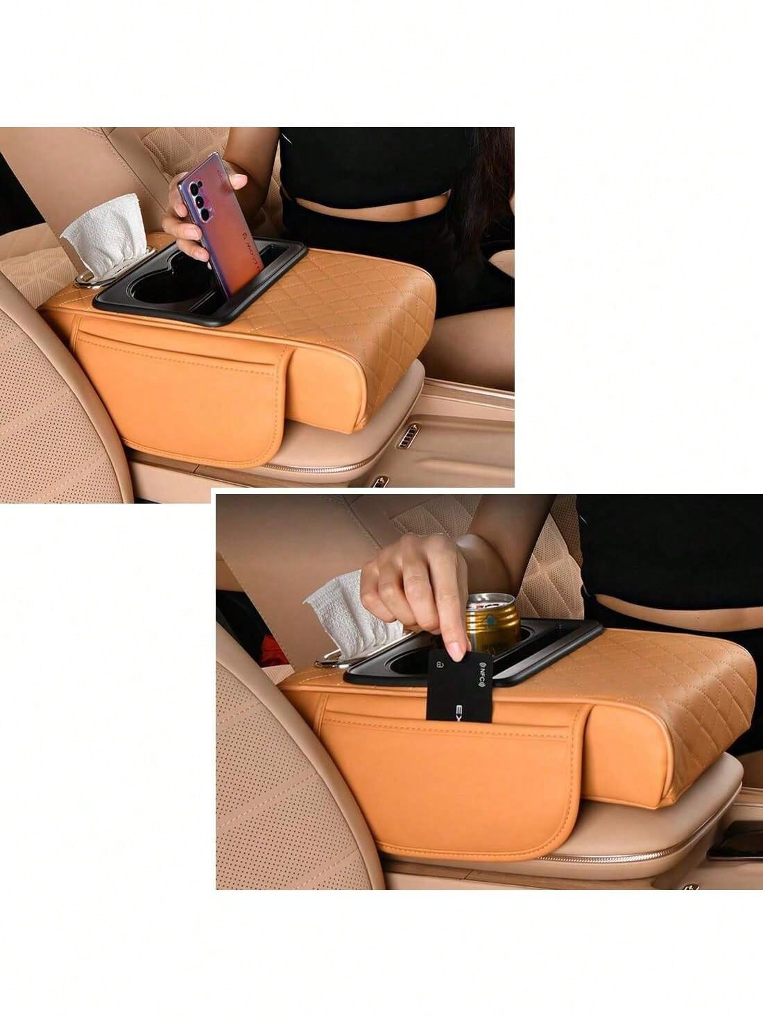 Car Armrest Cushion,5-In-1 Center Console Cover With 2 Storage Bags Cup Holder, Tissue Box Slot, Phone Slot For Sedans, Car Accessories Interior Organizers