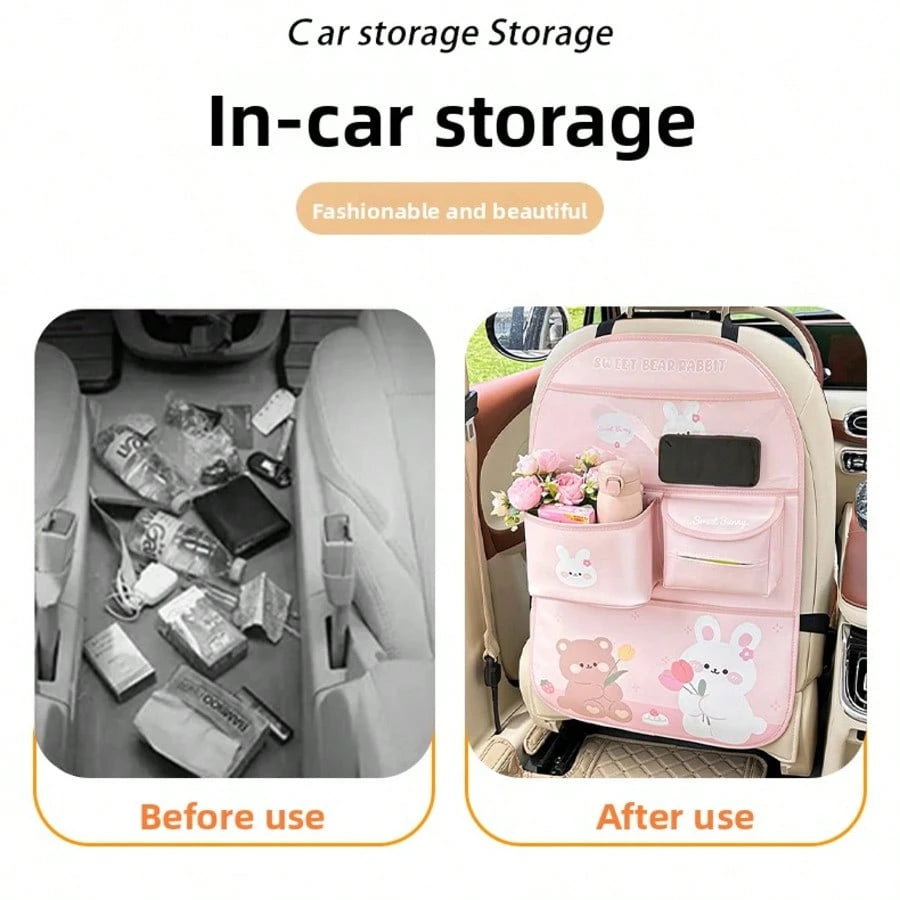 Car Backseat Organizer- Cute Cartoon Pattern Car Hanging Storage Bag, Creative Multi-Functional Car Seat Back Protector & Anti-Kick Pad