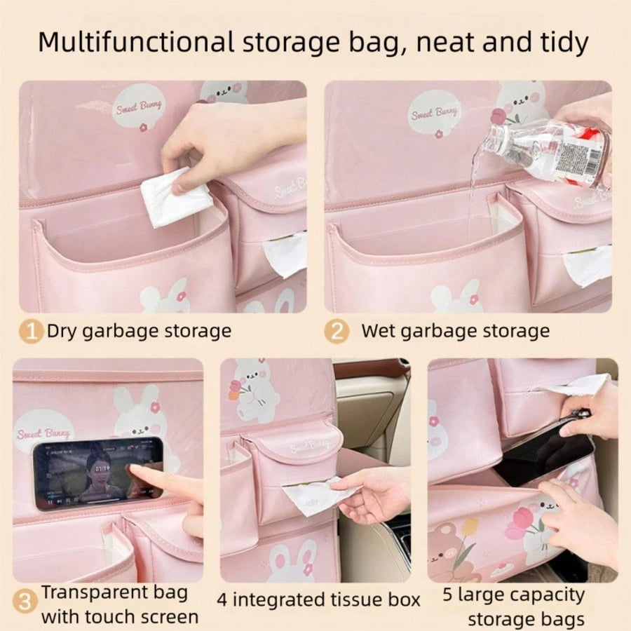 Car Backseat Organizer- Cute Cartoon Pattern Car Hanging Storage Bag, Creative Multi-Functional Car Seat Back Protector & Anti-Kick Pad