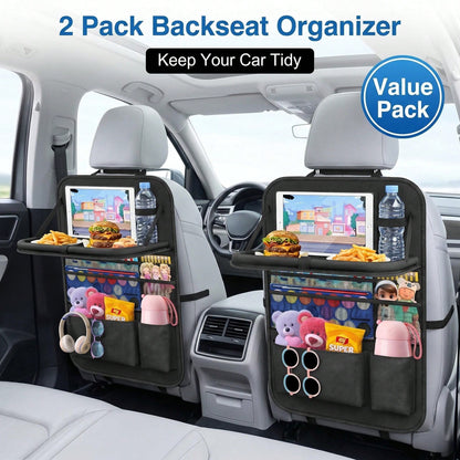 Car Backseat Organizer With Table Tray(2-Pack) 9 Storage Pockets Backseat Car Organizer And Storage With Tablet Holder, Kick Mats Back Seat Cover For Kids Family Road Trip Essentials Travel